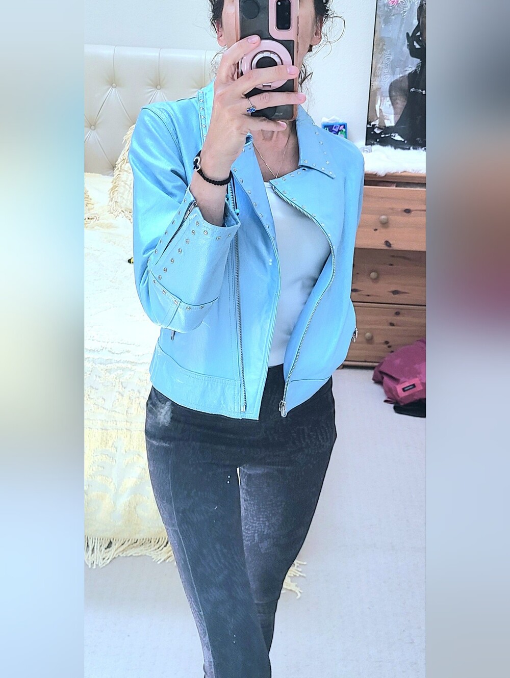 Guess Genuine Leather Powder Blue Studded Jacket